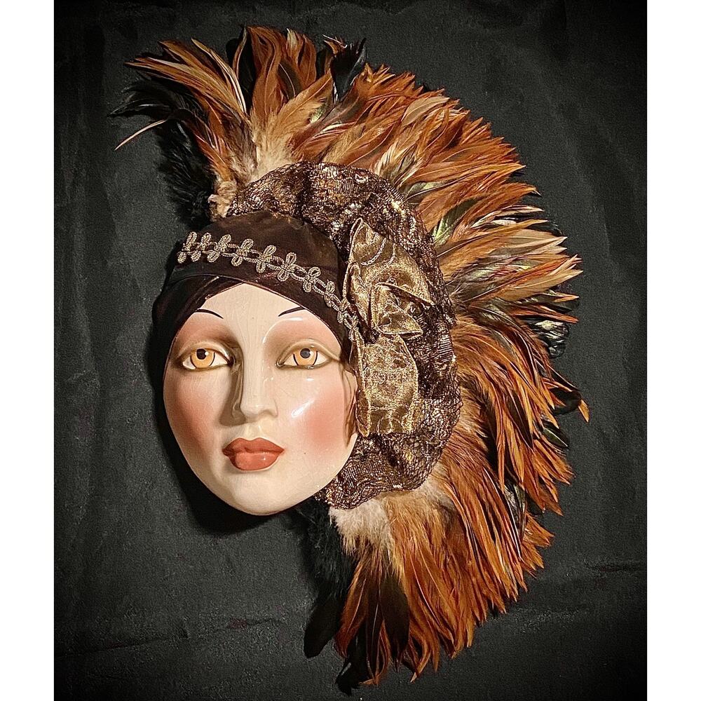 Clay Art Woman Brown, Orange, Gold Feather Sequin Bead Wall Mask Art Deco